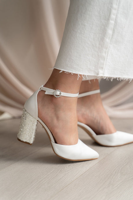 Zapato de novia raso blanco lentejuelas modelo Elia, zapatos de novia de Miss Honolulu