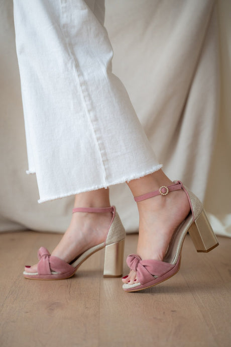 Sandalia de novia con nudo gloria ante rosa y lino, zapatos de novia de Miss Honolulu