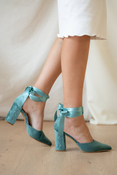Zapatos de novia con lazada noa verde brocado, zapatos de novia de Miss Honolulu