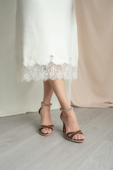 Sandalia de novia terciopelo marrón aqua, zapatos de novia de Miss Honolulu