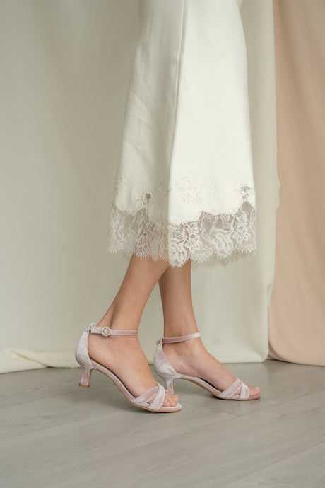 Sandalia de novia tacón bajo rosa aqua alana, zapatos de novia de Miss Honolulu