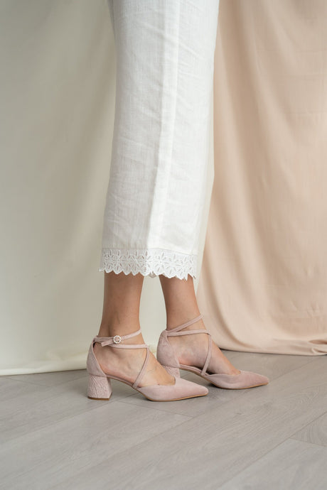 Zapatos de novia tacón bajo terciopelo rosa Matilda, zapatos de novia de Miss Honolulu